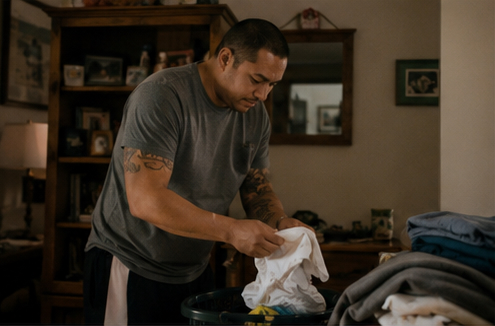 A dad folding laundry at home.